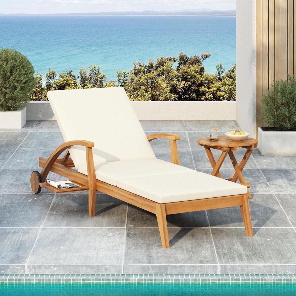 image:imageChristopher Knight Home Wilky Acacia Wood Chaise Lounge Chair Outdoor with Armrest Wooden Patio Outdoor Chaise Lounge with Wheels and Cushions Adjustable Backrest Single Lounge Sofa CreamTeak