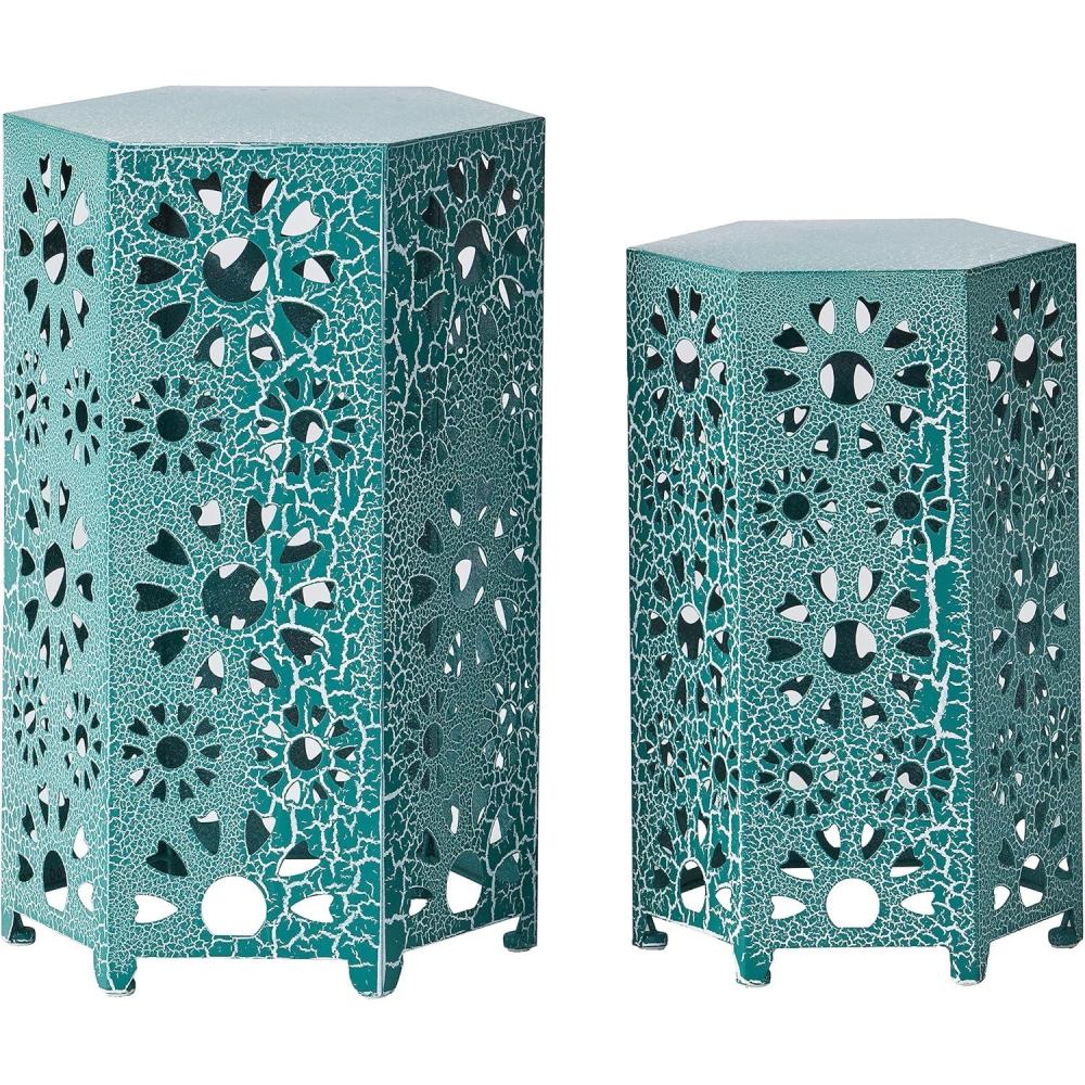 image:imageGDFStudio Elliot Outdoor 12 Inch and 14 Inch Sunburst Iron Side Table Set Crackle Green 301960Crackle Teal