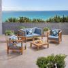 Christopher Knight Home Brava Outdoor 4 Seater Acacia Wood Conversation Set with Water Resistant Cushions, 30.25 “W x 30.25 “D x 26.5 “H, Teak + Blue