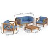 Christopher Knight Home Brava Outdoor 4 Seater Acacia Wood Conversation Set with Water Resistant Cushions, 30.25 “W x 30.25 “D x 26.5 “H, Teak + Blue