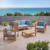 Christopher Knight Home Brava Outdoor 4 Seater Acacia Wood Conversation Set with Water Resistant Cushions, 30.25 “W x 30.25 “D x 26.5 “H, Teak + Blue