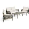 Christopher Knight Home Havets 4 Piece Patio Conversation Sets, Outdoor Acacia Wood Patio Seating Group,Woven Rope Loveseat Chairs with Cushions and Coffee Table for Porch Backyard Balcony, Teak+Beige(Gray+beige 4 Pcs Set)