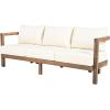 Christopher Knight Home Havets 74.75″W Outdoor 3 Seater Sofa, 6″ Thick Cushion Couch, Acacia Wood Bench Sofa, Slats Panel Open Back, Spacious Seating Bench Couch for Backyard Garden Porch, Brown+Beige