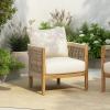 Christopher Knight Home Havets Patio Accent Chair, Acacia Wood Club Chair, Woven Rope Open Back Armchair, 6″ Thick Cushion, Outdoor Comfort Seating Single Sofa for Backyard Garden Poolside, Gray+Beige(Teak+beige)