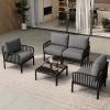 Christopher Knight Home Landon 4 Pieces Patio Conversation Set, Loveseat and Coffee Table Set, Accent Chairs, Club Chair with Cushion, Sofa Chair with Table Set for Balcony Garden, Black+Dark Gray(Black+dark Gray)