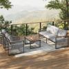 Christopher Knight Home Lena Patio 4 Pieces Conversation Set, Rope Woven Club Chairs and 3 Seater Sofa, Metal Frame Armchair, Slat Panel Coffee Table, Furniture Set for Backyard Garden Poolside, Gray