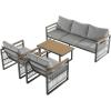 Christopher Knight Home Lena Patio 4 Pieces Conversation Set, Rope Woven Club Chairs and 3 Seater Sofa, Metal Frame Armchair, Slat Panel Coffee Table, Furniture Set for Backyard Garden Poolside, Gray