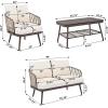 Christopher Knight Home Lena Patio Conversation Set, Two Club Chairs, Rope Woven Loveseat, Metal Frame Armchair, Rectangular Coffee Table, Outdoor Side Table and Chair Set for Backyard, Black+Gray(Brown+beige)
