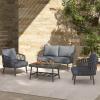Christopher Knight Home Lena Patio Conversation Set, Two Club Chairs, Rope Woven Loveseat, Metal Frame Armchair, Rectangular Coffee Table, Outdoor Side Table and Chair Set for Backyard, Black+Gray(Black+gray)