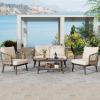 Christopher Knight Home Lena Patio Conversation Set, Two Club Chairs, Rope Woven Loveseat, Metal Frame Armchair, Rectangular Coffee Table, Outdoor Side Table and Chair Set for Backyard, Black+Gray(Brown+beige)