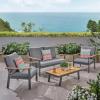Christopher Knight Home Outdoor 4 Piece Aluminum and Faux Wood Chat Set with Cushions, Gray and Gray