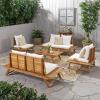 Christopher Knight Home Outdoor Acacia Wood 6 Seater Chat Set, Teak and White