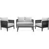 Christopher Knight Home Peron Patio 4-Seater Conversation Set, Sofa/Loveseat, 2 Club Chairs, Coffee Table, Cushion+Back Pillows, Acacia Wood+Wicker, Garden, Backyard, Poolside, Black + Light Grey
