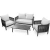 Christopher Knight Home Peron Patio 4-Seater Conversation Set, Sofa/Loveseat, 2 Club Chairs, Coffee Table, Cushion+Back Pillows, Acacia Wood+Wicker, Garden, Backyard, Poolside, Black + Light Grey