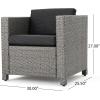 Christopher Knight Home Puerta Outdoor Wicker Club Chair Set with Acacia Wood Coffee Table, 4-Pcs Set, Teak Finish / Mix Black / Dark Grey