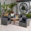 Christopher Knight Home Puerta Outdoor Wicker Club Chair Set with Acacia Wood Coffee Table, 4-Pcs Set, Teak Finish / Mix Black / Dark Grey