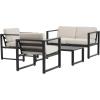 Christopher Knight Home Tundr Outdoor 4 Seater Chat Set with Coffee Table, Patio Conversation Sets, Sectional Aluminum Furniture Set with Cushions, 2 Chairs and Loveseat Set, Black Finish + Beige