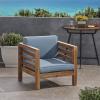 Great Deal Furniture Louise Outdoor Acacia Wood Club Chair with Cushion, Gray Finish and White, (308367)(Teak Finish + Blue)