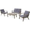 Christopher Knight Home Aabbye Outdoor Acacia Wood 4 Seater Chat Set with Cushions, Gray Finish, Dark Gray