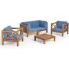 Christopher Knight Home Brava Outdoor 4 Seater Acacia Wood Conversation Set with Water Resistant Cushions, 30.25 “W x 30.25 “D x 26.5 “H, Teak + Blue