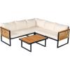 Christopher Knight Home Gevin 5-Seater Acacia Wood Metal Patio Furniture Set, Outdoor Sectional Conversation Club Chair Sofa Corner Chat Set with Coffee Table for Backyard or Balcony, Teak+Beige+Black
