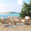 Christopher Knight Home Lorna 4-Piece Acacia Wood Patio Furniture Set, Outdoor Conversation Sofa Set with Club Chair and Coffee Table, Patio Sectional Chat Set for Backyard/Balcony, Teak+Beige
