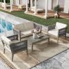 Christopher Knight Home Outdoor Acacia Wood Patio Set, 4-Pieces Patio Conversation Set, Outdoor Furniture with Coffee Table, Patio Deep Seating with Cushion, Porch Chairs for Garden, Grey+Beige