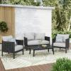 Christopher Knight Home Peron Patio 4-Seater Conversation Set, Sofa/Loveseat, 2 Club Chairs, Coffee Table, Cushion+Back Pillows, Acacia Wood+Wicker, Garden, Backyard, Poolside, Black + Light Grey