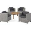 Christopher Knight Home Puerta Outdoor Wicker Club Chair Set with Acacia Wood Coffee Table, 4-Pcs Set, Teak Finish / Mix Black / Dark Grey