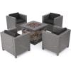 Christopher Knight Home Puerta Outdoor Wicker Club Chair Set with Water Resistant Cushions and Stone Square Firepit, 4-Pcs Set, Mixed Black / Dark Grey / Stone Finish
