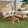 Christopher Knight Home Tenny 5-Seater Acacia Wood Patio Furniture Set, Outdoor Conversation Corner Sofa Set with Club Chair+Coffee Table, Patio Sectional Chat Set for Backyard/Balcony, Teak+Beige