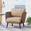 Christopher Knight Home Tobin Patio Wicker Accent Chair, Water-Resistant Cushion,Outdoor Lounge Chair,Woven Faux Rattan Backrest&Armrest,Sturdy Metal Frame Garden/Backyard Armchair,Brown+Black+Beige