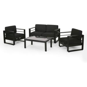 Cheney Bay Outdoor Aluminum 4 Seater Chat Set, Black and Gray