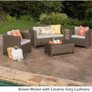 Christopher Knight Home 300057 Puerta Outdoor 4 Piece Light Brown Wicker Chat Set, Ceramic Grey