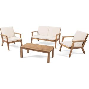 Christopher Knight Home Aabbye Outdoor Acacia Wood 4 Seater Chat Set with Cushions, Brown Patina Finish, Cream