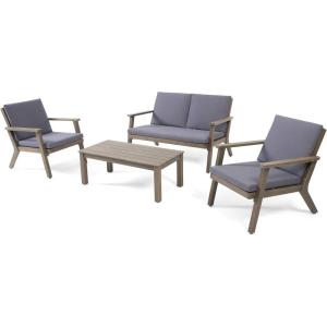 Christopher Knight Home Aabbye Outdoor Acacia Wood 4 Seater Chat Set with Cushions, Gray Finish, Dark Gray