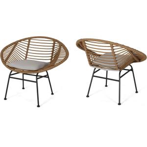 Christopher Knight Home Aleah Indoor Woven Faux Rattan Chairs with Cushions (Set of 2), Light Brown and Beige Finish
