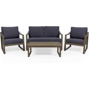 Christopher Knight Home Alexander Outdoor 4 Seater Acacia Wood Chat Set with Water Resistant Cushions, Gray and Dark Gray(Gray and Dark Gray)