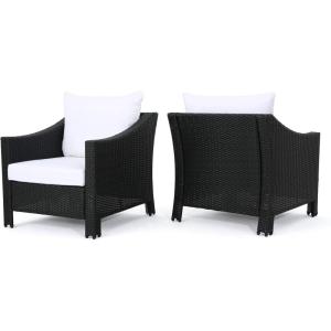 Christopher Knight Home Antibes Outdoor Wicker Club Chairs with Water Resistant Cushions, 2-Pcs Set, Black / White Cushion