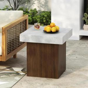 Christopher Knight Home Aurl Outdoor Square Side Table, Lightweight Concrete Patio End Table with Wooden Like Frame, Decorative Accent Table for Patio Garden Porch Balcony, Antique White+Natural