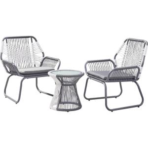 Christopher Knight Home Ava Outdoor 3 Piece Rope and Steel Chat Set, Finish, Gray/White/Gray