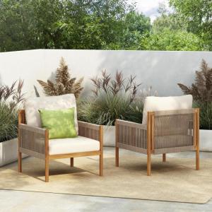 Christopher Knight Home Barris Lounge Chair Outdoor Set of 2, Patio Accent Chair, Comfy Reading Extra Seat, Wooden Frame+Rope Woven+Removable Cushion, for Garden/Backyard/Balcony/Poolside,Teak+Beige(Teak+beige/Set of 2)