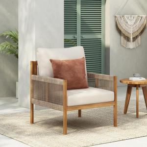 Christopher Knight Home Barris Lounge Chair Outdoor Set of 2, Patio Accent Chair, Comfy Reading Extra Seat, Wooden Frame+Rope Woven+Removable Cushion, for Garden/Backyard/Balcony/Poolside,Teak+Beige(Teak+beige)