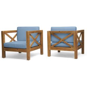 Christopher Knight Home Brava Outdoor Acacia Wood Club Chairs with Water Resistant Cushions (Set of 2), 30.25 “W x 30.25 “D x 26.5 “H, Teak + Blue