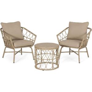 Christopher Knight Home Bruce Outdoor 3 Piece Chat Set with Cushion – Wicker – Light Brown/Beige