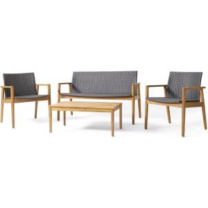 Christopher Knight Home Bryan Outdoor 4 Seater Chat Set- Wicker and Acacia Wood – Gray/Teak