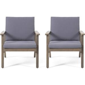 Christopher Knight Home Carlos Outdoor Acacia Wood Club Chairs with Cushions (Set of 2), Gray Finish, Dark Gray