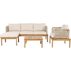 Christopher Knight Home Coby 4-Piece Acacia Wood Patio Furniture Set, Outdoor Conversation Sofa Set with Club Chair, Coffee Table and Ottoman, Patio Sectional Chat Set for Backyard/Balcony, Teak+Beige