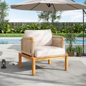 Christopher Knight Home Coby Patio Acacia Wood and Rope Weave Accent Chair, Outdoor Lounge Chair with Cushion, Deep Seating Garden Armchair, Comfy Reading Chair, Single Sofa Club Chair, Teak+Beige