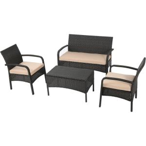 Christopher Knight Home Cordoba PE Rattan Chat Set, 4-Pcs Set, Brown / Tan